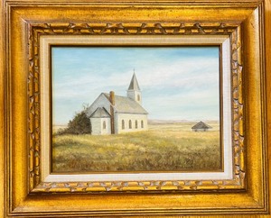 lot 111C image: LR - Oil Painting A Prairie Church by Pearl Charlson in Ornate Gold Frame