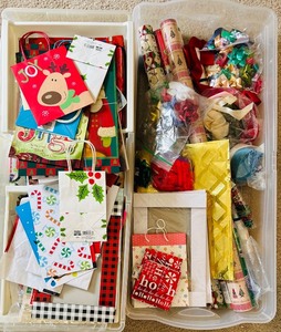 lot 113C image: LR - Collection of Holiday Gift Wrap, Gift Bags, and Wrapping Accessories in Storage Bins
