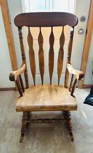 lot 114C image: LR - Vintage Wooden Rocking Chair with Spindle Back and Armrests