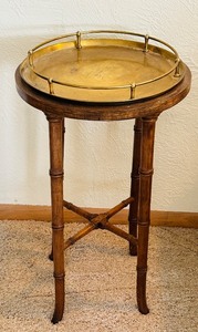 lot 115C image: LR - Pair of Vintage Accent Tables - Wood Side Table and Brass Tray Table