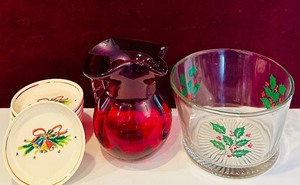 lot 118C image: DR - Holiday Kitchenware Set with Salem Collector Plates, Red Glass Pitcher, and Holly Bowl