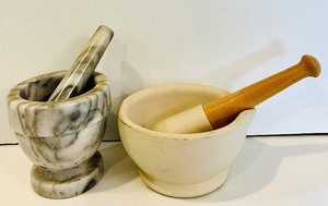 lot 119C image: K - Set of 2 Mortar and Pestle Sets, Marble and Ceramic, 4 Inch Tall