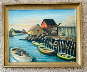 lot 120C image: LR - Framed 1963 Signed Harbor Scene Oil Painting by P. Charlson