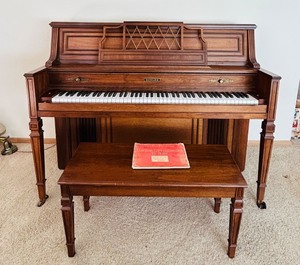 lot 143C image: LR - Kohler Console Piano with Bench and Sheet Music Collection