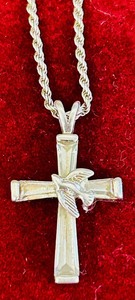 lot 146 image: K - Sterling Silver 20-Inch Rope Chain Necklace with Cross and Dove Pendant