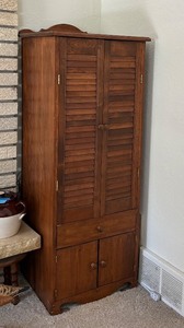 lot 150C image: LR - Vintage Wooden Tall Corner Cabinet with Louvered Doors and Drawer