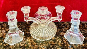 lot 154C image: LR - Set of 3 Vintage Art Deco Glass Candle Holders, 5 Inch Tall