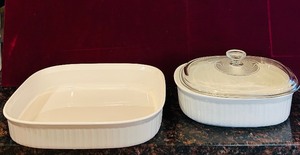 lot 156C image: LR - CorningWare French White Stoneware Baking Dish Set with Glass Lid