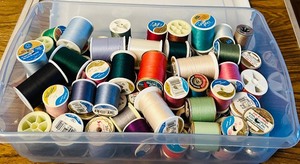 lot 229C image: LL - Collection of Assorted Sewing Thread Spools in Storage Box