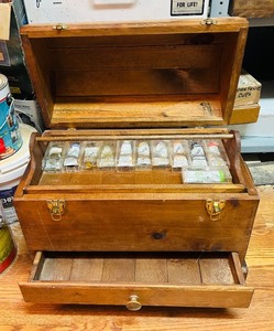 lot 238C image: S - Vintage Wooden Artist Paint Box with Assorted Tubes and Storage Drawer