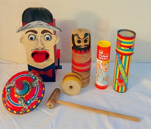 lot 251C image: LL - Collection of Vintage Wooden and Plastic Toys Including Puppet Bank, Daruma Otoshi, Pickup Sticks, and Kaleidoscope
