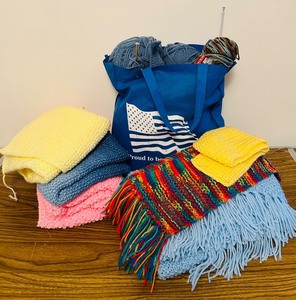 lot 262C image: LL - Handmade Knitted Blanket with Scarves and Yarn Supplies