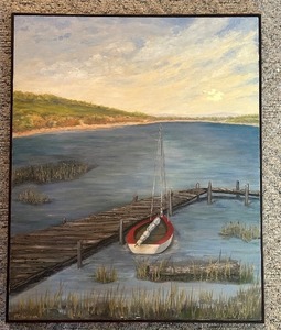 lot 284C image: LL - Pearl Charlson Framed Lake Dock and Boat Original Oil Painting