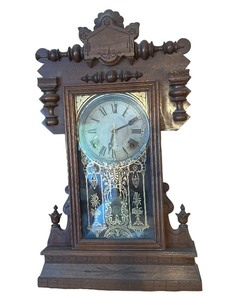 lot 285C image: LL - Antique Wooden Mantel Clock with Ornate Glass and Key