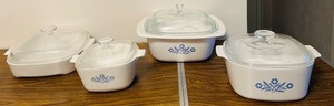 lot 295C image: LL - Corning Ware Blue Cornflower Casserole Dish Set with Glass Lids