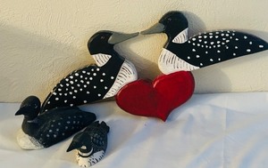 lot 296C image: LL - Set of 3 Handcrafted Loon Bird Carvings with Heart Motif
