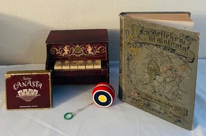 lot 297C image: LL - Vintage Collection Schoenhut Toy Piano, Canasta Card Set, Book, and Wooden Yo-Yo
