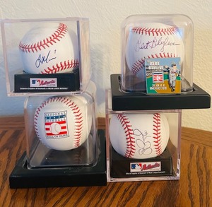 lot 298C image: LL - Set of 3 Signed MLB Baseballs with Display Cases and Bert Blyleven Pin plus 1 Unsigned Ball