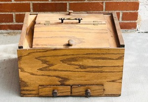 lot 304C image: G - Vintage Wooden Sewing Box with Hinged Lid and Drawers