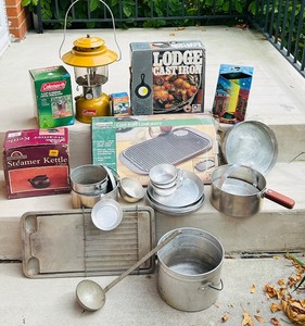 lot 308C image: LR - Vintage Camp Cookware Collection with Cast Iron, Percolator, Lantern, and Steamer Kettle