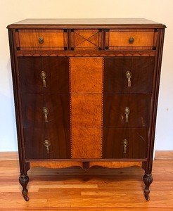 lot 21 image: Vintage Wood Tall Chest of Drawers with Ornate Pulls
