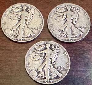 lot 15X image: Set of 3 1935 Walking Liberty Half Dollars (S, D, and Philadelphia Mintmarks)
