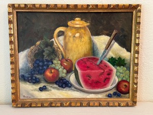 lot 21D image: 1967 Pearl Charlson Original Oil Painting Watermelon Time, Still Life