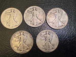 lot 34X image: Set of 5 Walking Liberty Half Dollar Coins 1917, 1927 and 1947