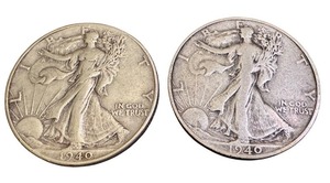 lot 38X image: Pair of 1940 and 1940-S Walking Liberty Half Dollar Coins