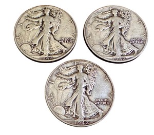 lot 43X image: Set of 3 1942 Walking Liberty Half Dollar Coins 1942, 1942-D, 1942-S