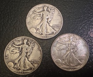 lot 44X image: Set of 3 Walking Liberty Half Dollars 1943-S, 1943-D, 1943
