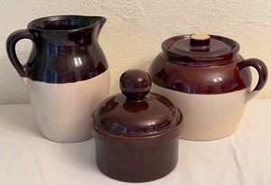 lot 45D image: LR - Vintage Sundance Brown and Beige Stoneware Pottery Set with Pitcher and Covered Crocks