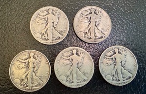 lot 49X image: Set of 5 Walking Liberty Half Dollar Coins (1920, 1928, 1937, 1923)