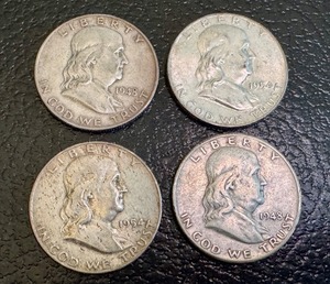 lot 52X image: Set of 4 Franklin Silver Half Dollars 1948 and 1954