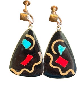 lot 41M image: Vintage Enamel and Copper Screw-Back Earrings with Abstract Inlay