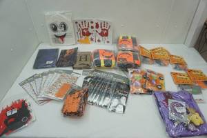 lot 25 image: NEW Halloween Party Decor, Costume, Flags, Window Hangings, Felt Treat Bags, Reversible Door Signs and more