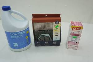 lot 70 image: Low-Splash Bleach 121 Fl oz, 4pc Scrubbers & Sponge Set, Glad Drawstring Trash Bags 34ct 4 gallon-Cherry Blossom