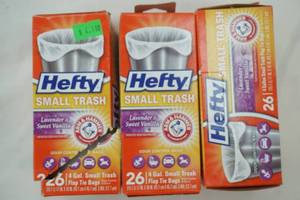 lot 74 image: (3ct) Hefty Small Trash Bags 4 gallon Lavender & Sweet Vanilla 26ct each