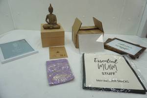 lot 86 image: Decor Lot Metal Buddha Statue, Picture Frames, Mothers Day Tote Bag