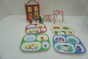 lot 98 image: Wooden Gingerbread House wFigures, Kids Christmas Plates, Small Candy Tables