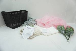 lot 108 image: Curtains, Sheer Backdrops, Artificial Flowers, Storage Bin
