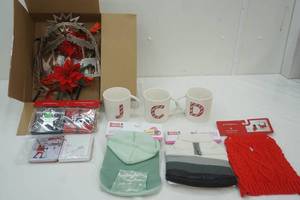 lot 145 image: (3ct) Pet Sweaters, Mugs, Gift Card Boxes, Poinsettia Nativity LED Decor