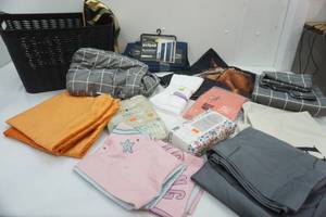 lot 209 image: Pillow Cases, Full Size Sheets, Storage Basket, Blackout Curtain and More