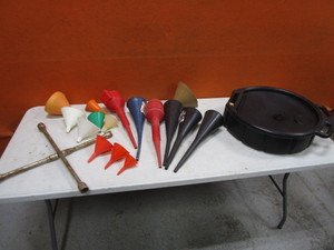 lot 194 image: Misc Funnels, Drain Pan, Lug Wrench