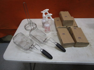 lot 344 image: Fryer Baskets, Paper Towel Holder, Spray Bottles, Paper Towels