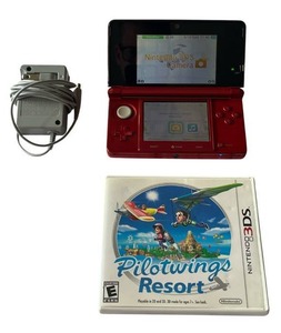 Nintendo 3DS Metallic Red Handheld Video Game Console with Stylus & Pilotwings Resort Game in Good Working Condition