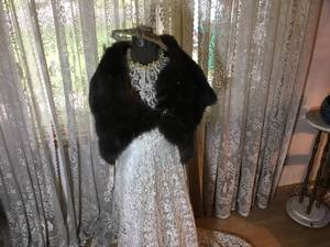 lot 6 image: Dress Form Vintage Wedding Dress & Fur