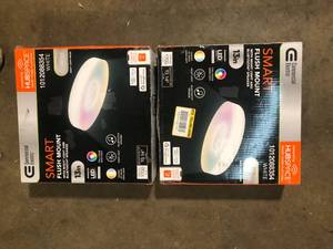 lot 22 image: Lot of  Commercial Electric 13 in. White Smart Gradient Light Flush Mount with Bluetooth Speaker Powered by Hubspace   Customer Returns See Pictures