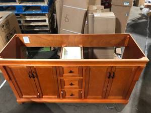 lot 44 image: Home Decorators Collection Naples 60 in. W x 21.63 in. D x 34 in. H Bath Vanity Cabinet without Top in Warm Cinnamon  Customer Returns See Pictures