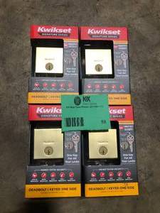 lot 58 image: Lot of 4 Kwikset Downtown Low Profile Satin Brass Single Cylinder Square Contemporary Deadbolt Featuring SmartKey Security customer Return see pictures